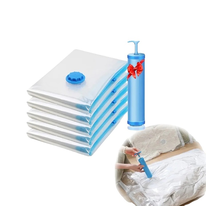 Set 5 saci vidat haine 80x100cm cu pompa manuala, etansi, economisire spatiu