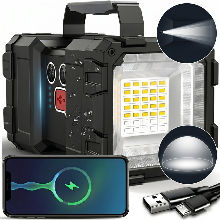 Lanterna LED Reincarcabila 40W, 10000mAh, 1000Lumeni, Power Bank, 7 Moduri Iluminare, Raza 300-800m, IPX4