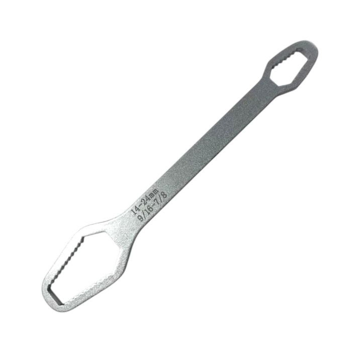 Univerzális dupla kulcs, önzáró, szénacél, 23 cm, több anya- és csavarmérettel kompatibilis, ideális szűk helyekre