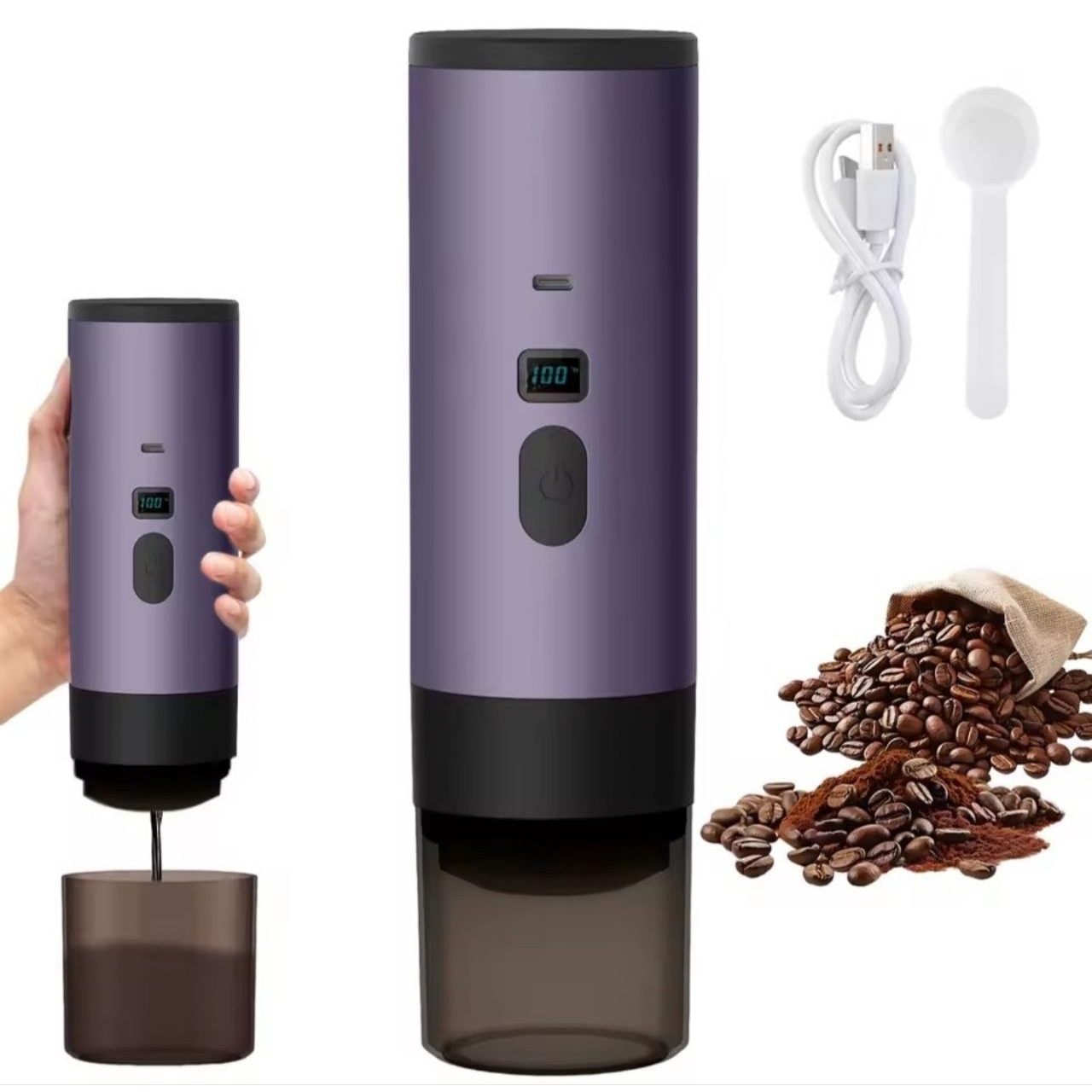 Cafetiera portabila fara fir Planet Tech 3 in 1 cu afisaj, 20 bari, Compatibila cu capsule Nespresso, Dolce Gusto, Cafea macinata, Mov