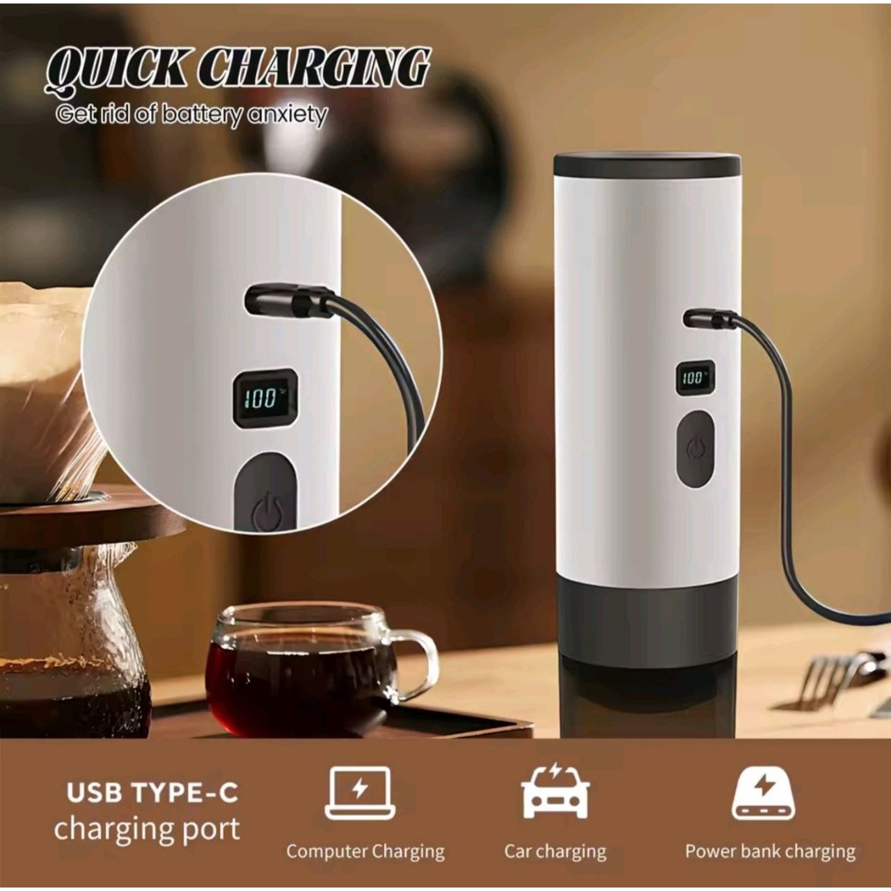 Cafetiera portabila fara fir Planet Tech 3 in 1 cu afisaj, 20 bari, Compatibila cu capsule Nespresso, Dolce Gusto, Cafea macinata, Mov