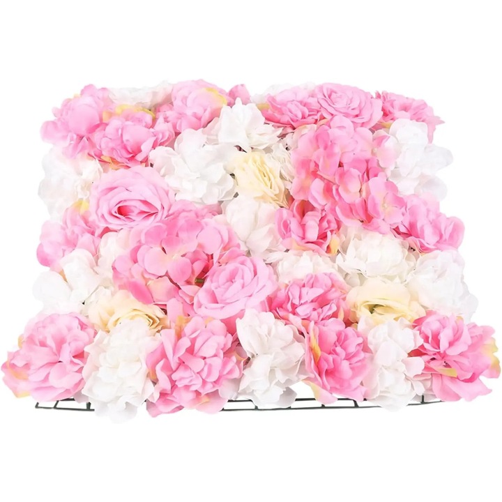 Perete de flori cu trandafiri, Panou decorativ flori artificiale 3D, Fundal nunta si petrecere, Decor casa si exterior, Plastic, Roz si crem