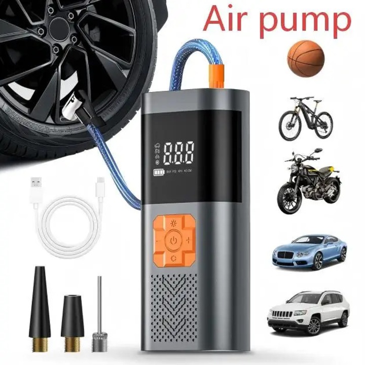 Compresor portabil pentru anvelope, Pompa de aer 12V, 150 PSI, Afisaj digital, LED & SOS, Baterie externa, Pentru auto, motocicleta si bicicleta