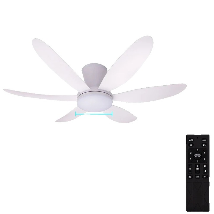 Mennyezeti ventilátor LED világítással, 6 lapátos, állítható, fehér, 25x109cm