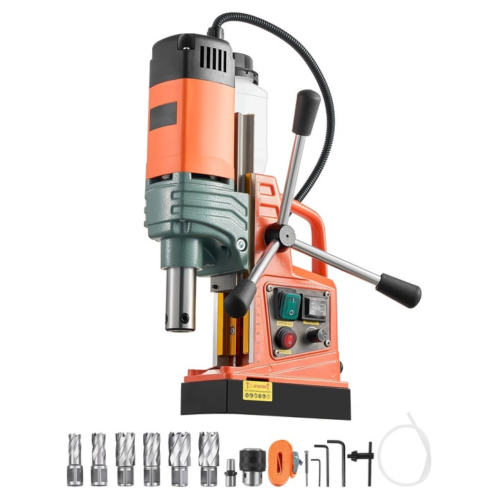 Masina de gaurit magnetica pentru metal, Bormasina cu stand magnetic, Putere 1450 W, Diametru carotare 5 cm, Forta magnetica 13000 N, 6 carote incluse, Viteza variabila