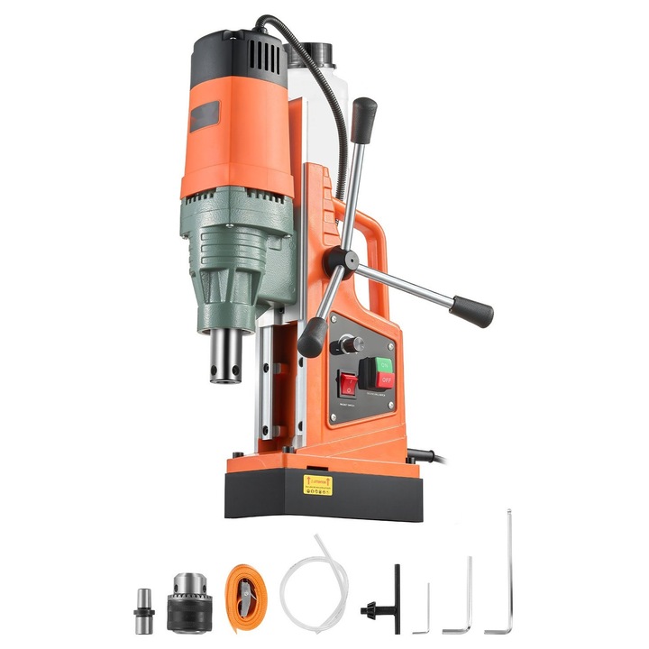 Mágneses fúrógép, Mágneses talpú fúrógép, Teljesítmény 1550 W, Fúrási átmérő 50 mm, Mágneses erő 13000 N, Változtatható sebesség 0-550 ford./perc, Hordozható fémhez