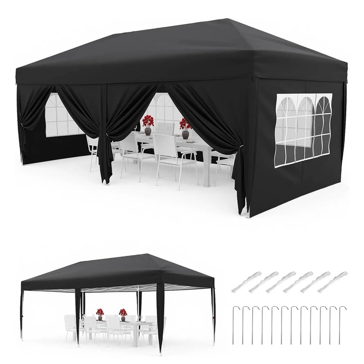 Сгъваема шатра 3x6 м, тип pop up палатка, 6 странични стени, водоустойчива 1000–1500 мм, 3 нива на регулиране на височината, чанта за носене с колелца, черна