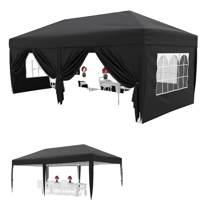 Pavilion pop-up, negru, 6 pereti detasabili, protectie UV, 210D Oxford, cadru otel, reglabil, portabil