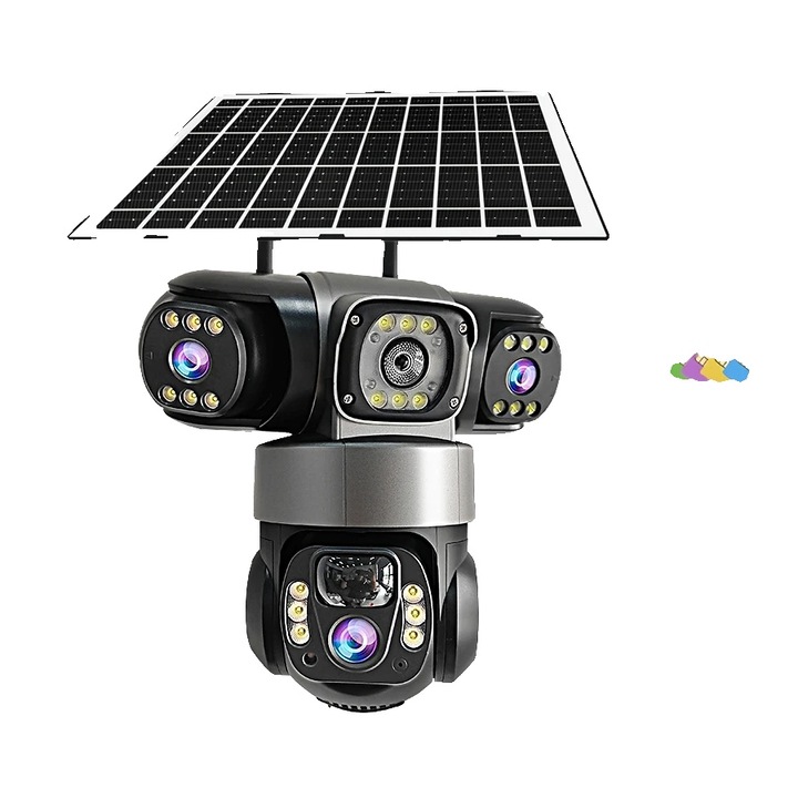Napelemes megfigyelő kamera 15MP háromlencsés, színes éjjellátó, 4G, 128GB, IP66, 10x10x10cm