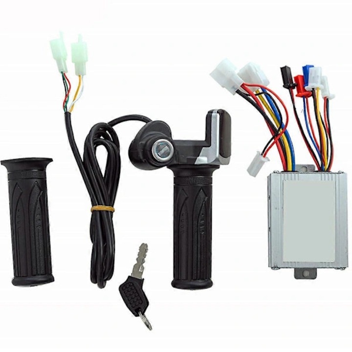Set controler si maneta de acceleratie pentru bicicleta electrica, 36V 500W, cu afisaj baterie 5 LED, compatibil cu motor DC periat, cablu ~1.5 m, Negru, 1 set (1 controler, 1 maneta acceleratie cu surub, 1 maner normal, 2 chei)