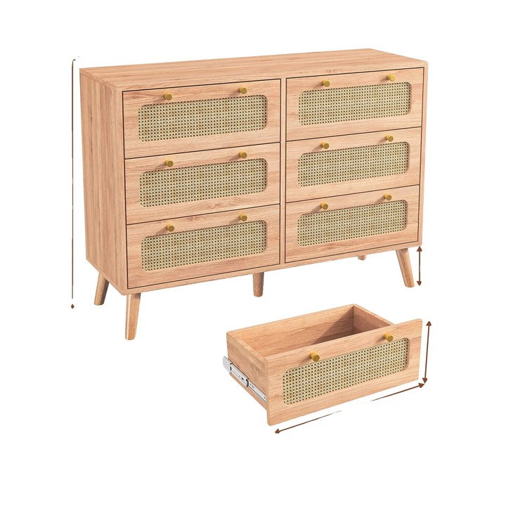Komód 6 fiókkal, fa és rattan, rusztikus design, 90x40x80cm
