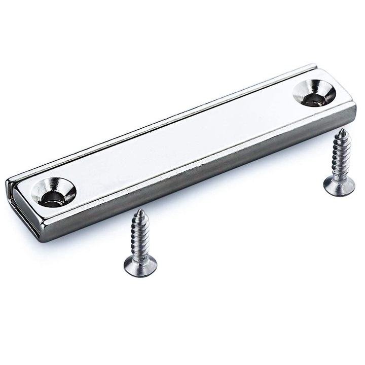 Neodímium mágnes Hunter 60x13.5x5mm fém, lyukakkal, 12kg, ezüst
