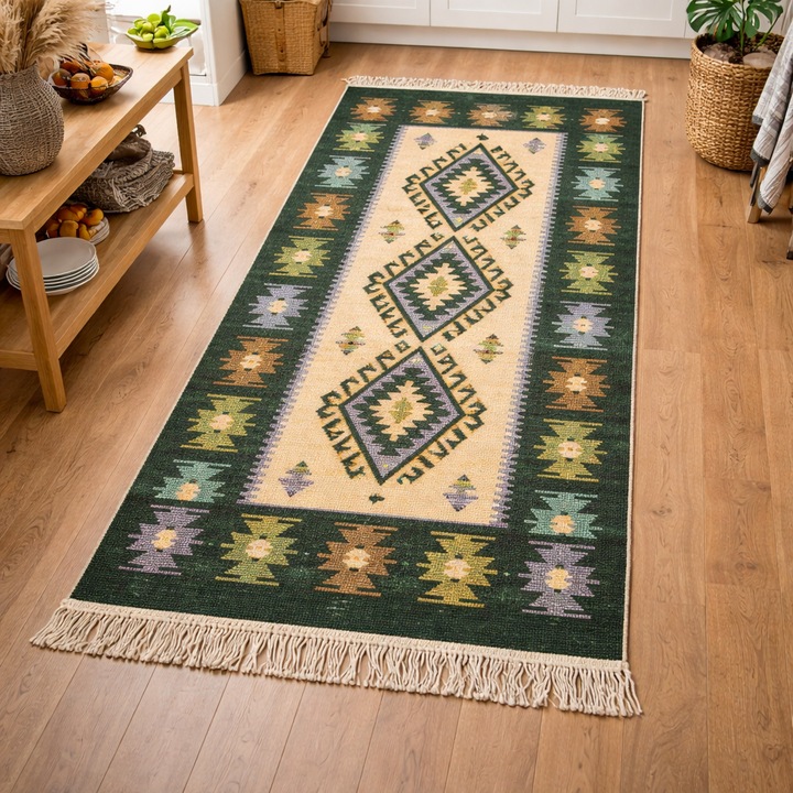 Covor tesut - Decor traditional, 60x90 cm, fond verde si nuante de crem – 01