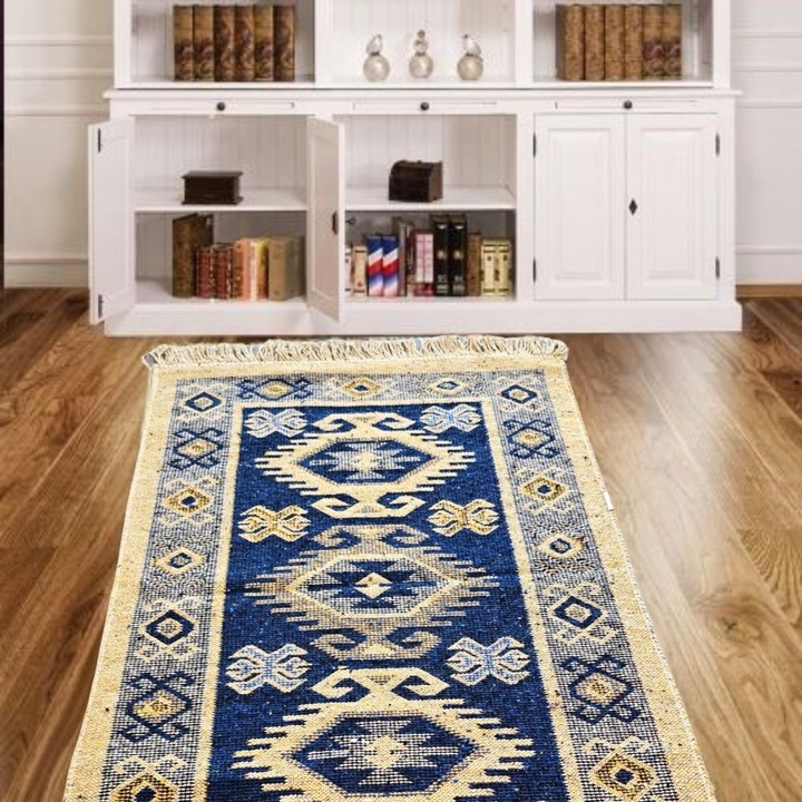 Covor tesut - Decor traditional, 60x90 cm, fond albastru si nuante de crem – 03