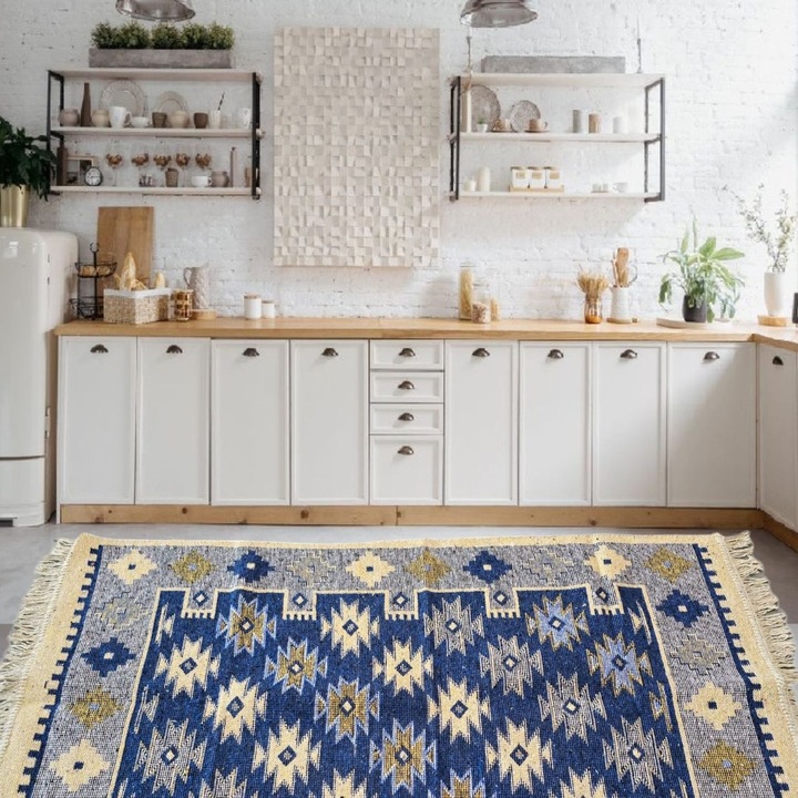 Covor tesut - Decor traditional, 60x90 cm, fond albastru si nuante de crem – 04