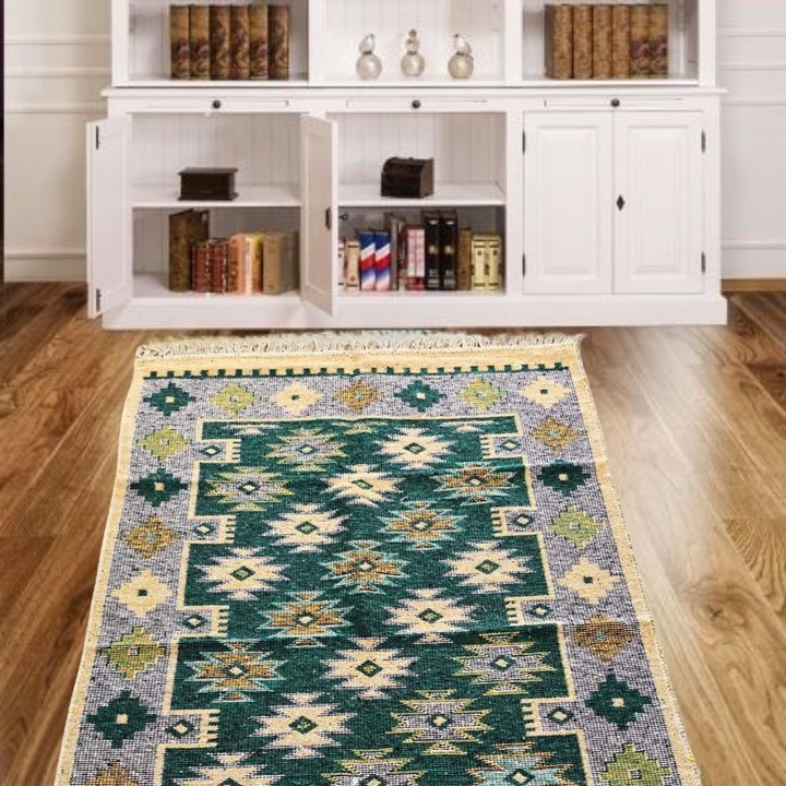 Covor tesut - Decor traditional, 60x90 cm, fond verde si nuante de crem – 04