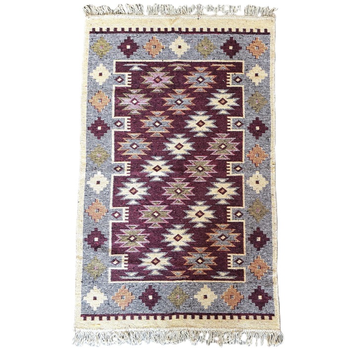 Covor tesut - Decor traditional, 60x90 cm, fond bordo si nuante de crem – 04