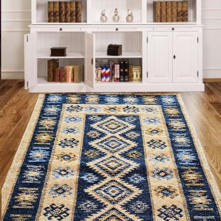 Covor tesut - Decor traditional, 60x90 cm, fond albastru si nuante de crem – 07