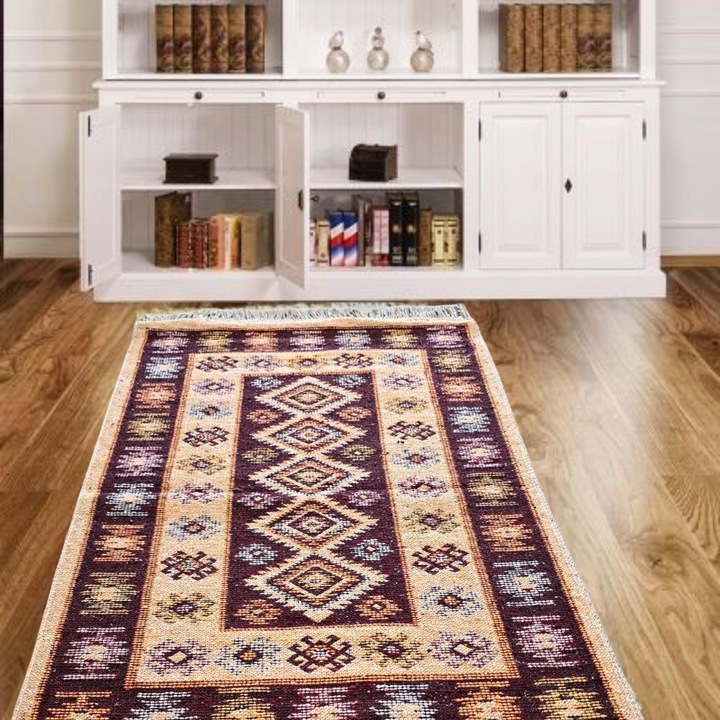 Covor tesut - Decor traditional, 60x90 cm, fond maro si nuante de crem – 07