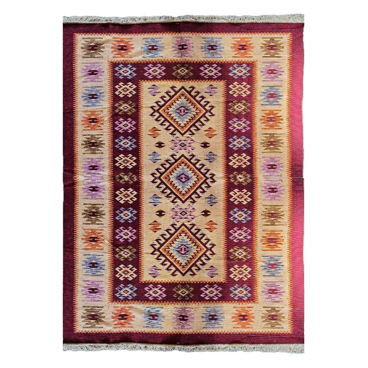 Covor tesut - Decor traditional, 60x90 cm, fond bordo si nuante de crem – 07