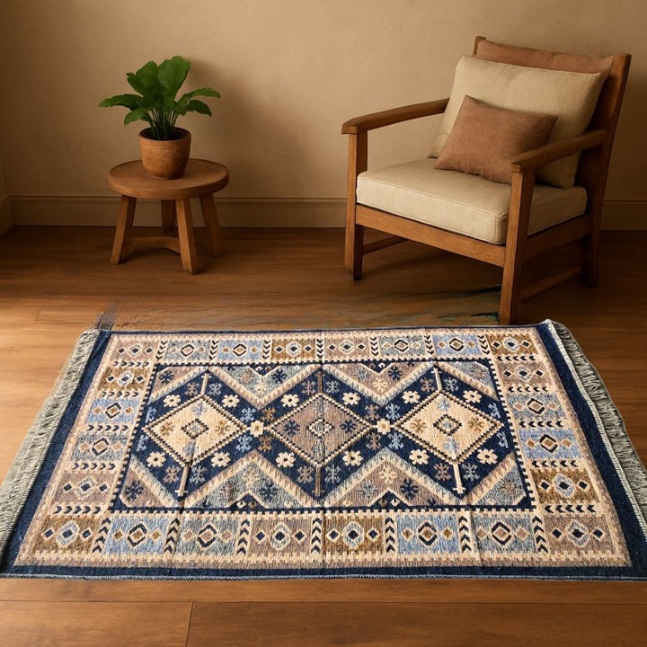 Covor tesut - Decor traditional, 60x90 cm, fond albastru si nuante de crem – 10