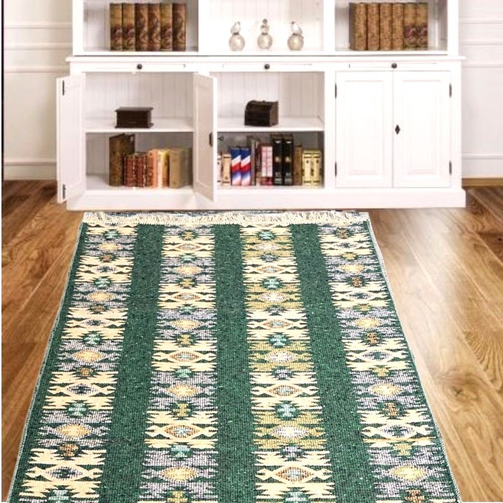 Covor tesut - Decor traditional, 60x90 cm, fond verde si nuante de crem – 08