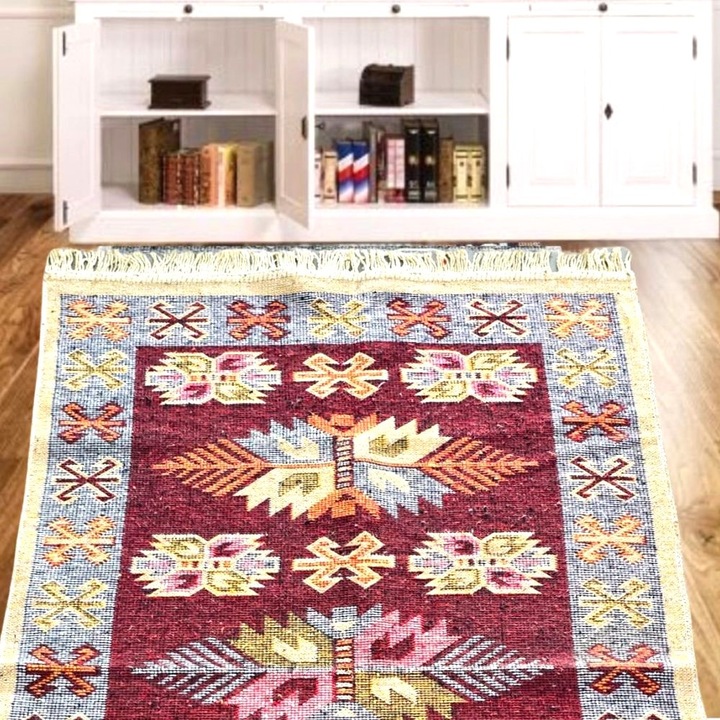 Covor tesut - Decor traditional, 60x90 cm, fond bordo si nuante de crem – 011