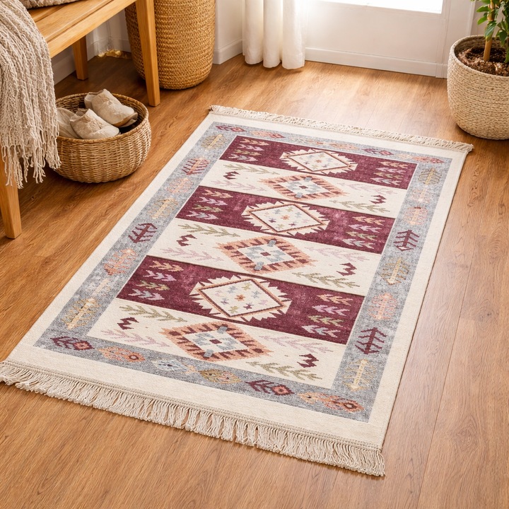 Covor tesut - Decor traditional, 60x90 cm, fond bordo si nuante de crem – 012
