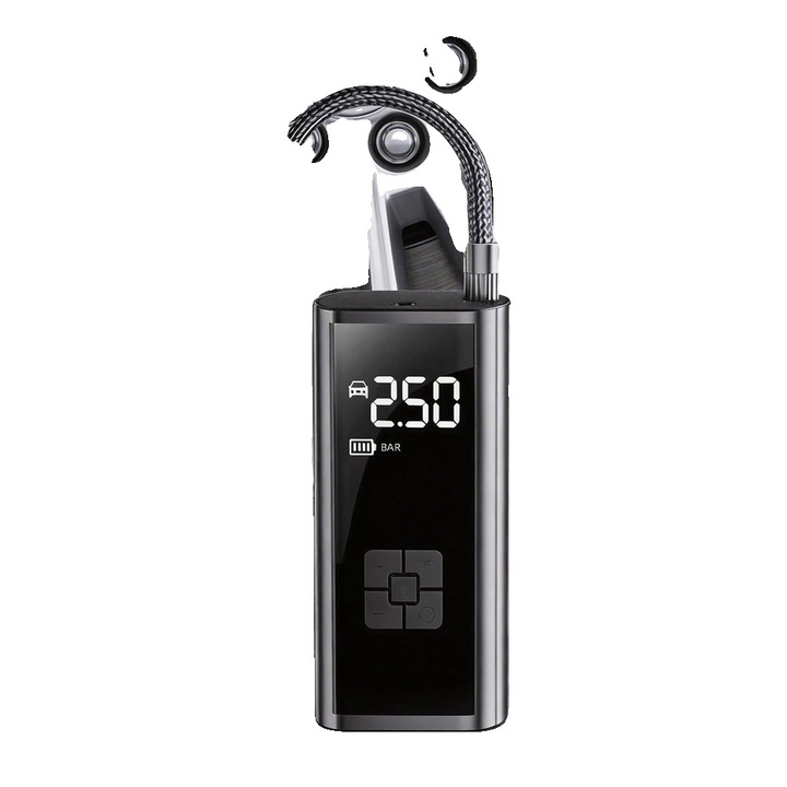Compresor aer portabil, pompa dubla, control automat presiune, alimentare baterie, compact