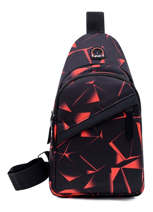 Geometriai mintás crossbody táska, állítható pánt, USB port, fekete, 25x15x8cm