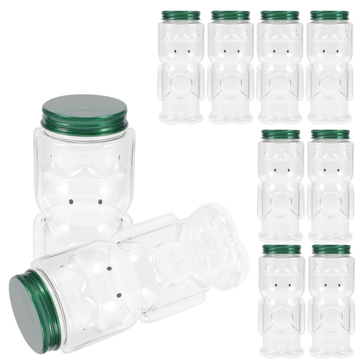 10 db átlátszó palack készlet, 350ml, zöld kupak, PET, 15.3x6.2x5.3cm, újrafelhasználható