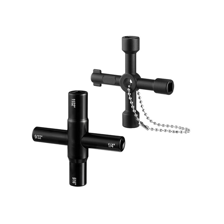 Set 2 bucati, cheie universala 4 cai 40Cr, forjata din otel rezistent la coroziune, cu adaptoare 1/4, 9/32, 5/16, 11/32 si cheie cabinet multifunctionala (2 patrate, 1 triunghi, 1 rotund), negru, 2 bucati