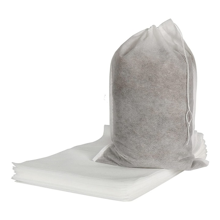 Set 100 pungi filtrante cafea, panza netesuta, alb, 20x30cm, cu snur