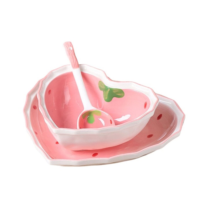 Eper porcelán tányér kanál szett 3 darabos