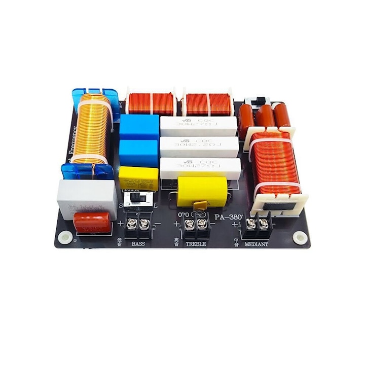 Crossover audio PA-3803, 3 utas, 800W, állítható frekvenciaszűrő (mély/közép 780/830 Hz, közép/magas 5300/5500 Hz), impedancia 4–8 Ω, forrasztásmentes csatlakozó, Többszínű, 1 db