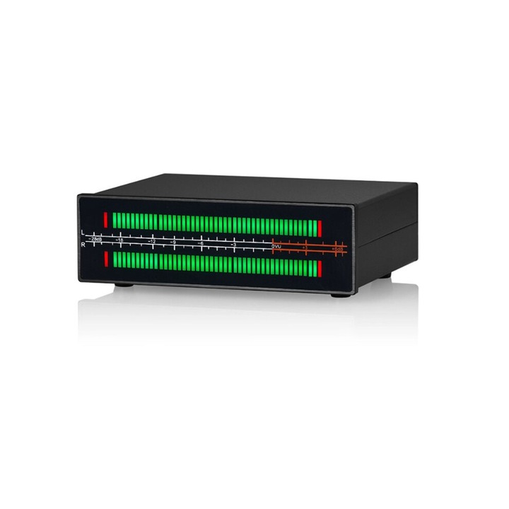 VU56-PRO audio spektrum analizátor, kétcsatornás hangszintmérő, LED sávkijelző, beépített érzékeny mikrofon, audio splitter, fekete