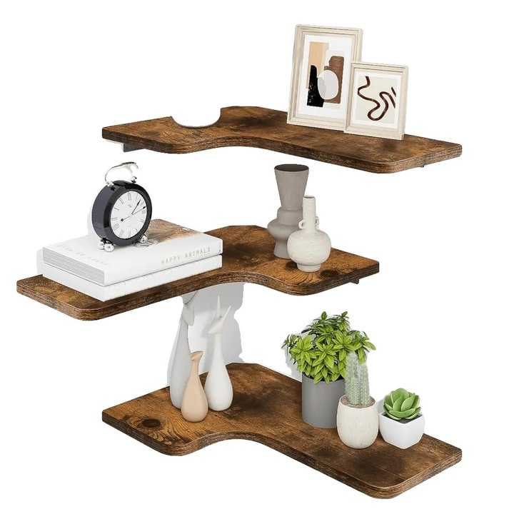 Rafturi de perete, 3 niveluri, lemn nuc, design rustic, 60x20x15cm