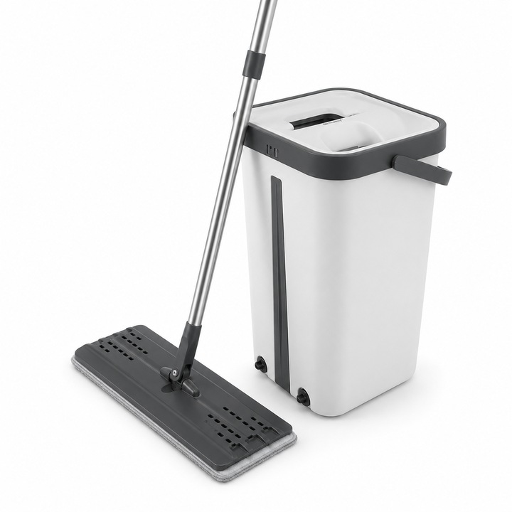 Mop Plat cu Galeata Dubla 11L, Separare Apa Curata si Apa Murdara, Stoarcere Automata, Cap Rotativ 360°, 3 Rezerve Microfibra, 130 cm