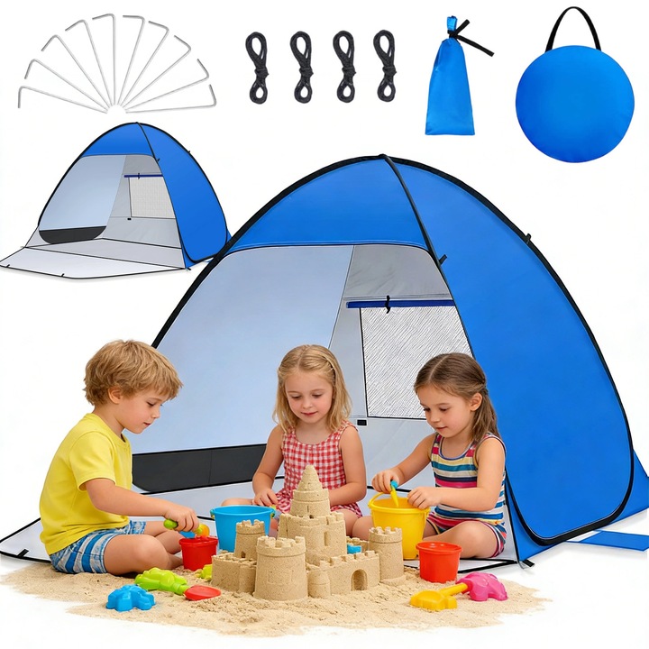 Cort de plaja, Pop-up, Anti-UV UPF 50+.2-3 persoane, Portabil, Ferestre din plasa pentru ventilatie.Stabilizati, Fermoar bidirectional pentru protejarea intimitatii.Potrivit pentru camping, pescuit si picnicuri.Cucuie, saci, franghii.220x190x125cm