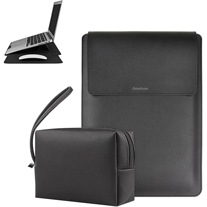 Husa Laptop 13-14 inch compatibila cu MacBook Air, MacBook Pro, Omelivon ®, cu Suport Reglabil si Mousepad, Piele Ecologica, Marime Universala, 25 x 34 cm, Negru