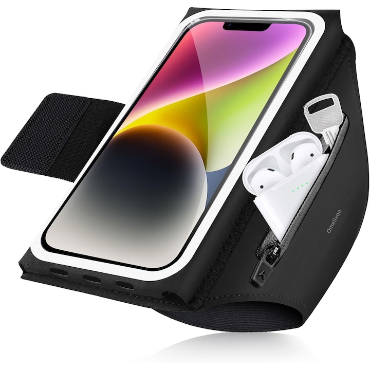 Banderola Sport Pentru Brat, Omelivon ®, Husa Telefon Alergare, Compatibilitate Universala, Pentru Sala, Jogging, Yoga, Material Elastic Si Respirabil, Fixare Sigura, Buzunar Carduri, Chei, Casti, Acces Rapid La Telefon, Armband Sport Alergare, Negru