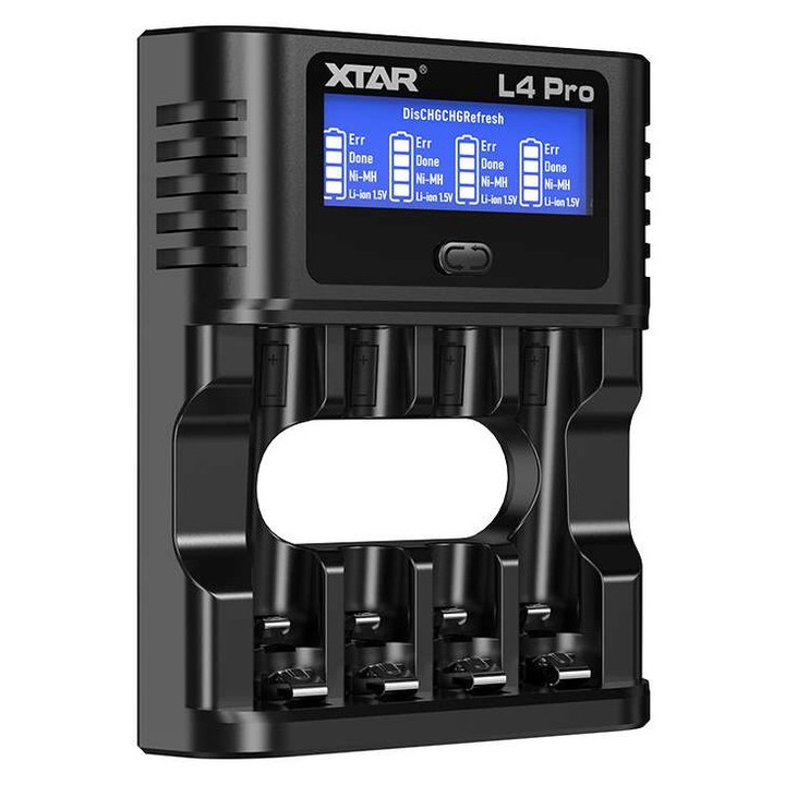 Incarcator Acumulatori XTAR L4 PRO, 4 Sloturi, AA/AAA, Ni-MH 1.2V si Li-ion 1.5V, USB-C, LED