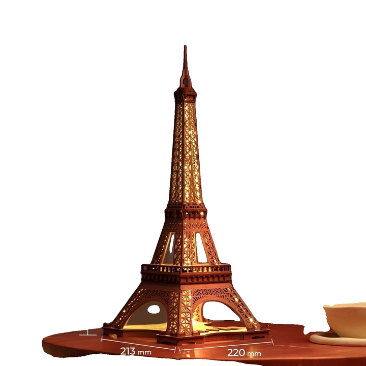 3D Eiffel-torony puzzle készlet, MDF fa, LED világítás, 1:638