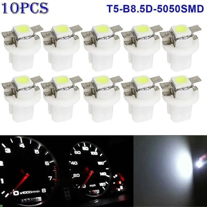 Set 10 becuri LED T5 B8.5D 12V alb 5050SMD pentru bord auto