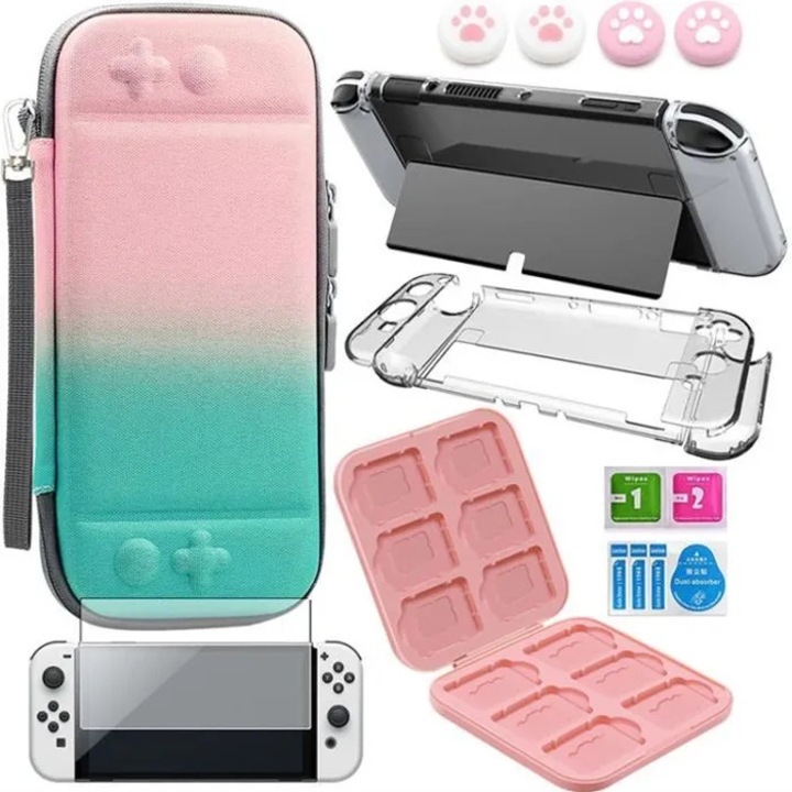 Kiegészítő szett Nintendo Switch OLED-hez, átlátszó tok, játéktok, képernyővédő, joystick sapkák