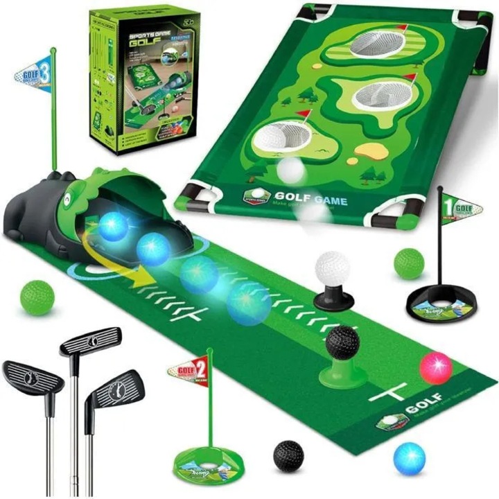 Golf szett gyerekeknek 3-7 év, 3 az 1-ben, automata visszatérés, LED labdák, többszínű