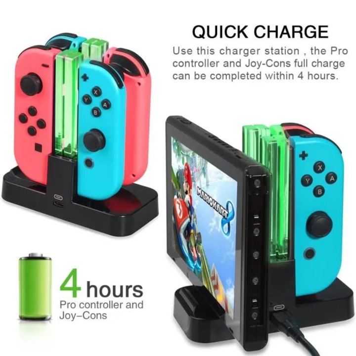 USB Type-C 4 az 1-ben töltőállomás, LED, Nintendo Switch-hez, fekete