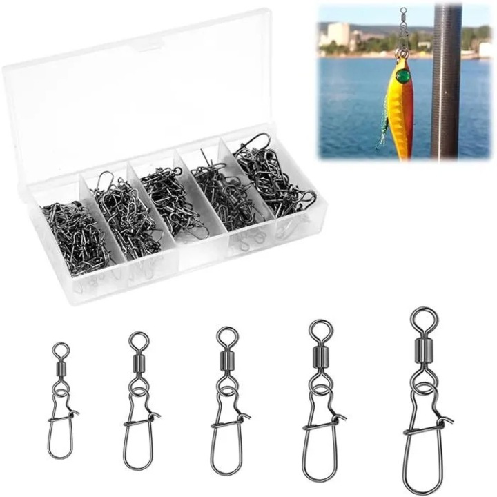 Set 100 swiveli pescuit inox, 5 marimi, rezistenta ridicata, 18-30mm