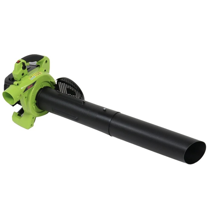 Benzines lombfúvó / lombszívó, Grunman, 2T belsőégésű motor, 0.8 kW, 1.09 LE, 45 l zsák, benzin + olaj keverék üzemanyag, 6.25 kg, 108 dB, 7500 ford/perc, Aprítási arány 16:1, 252 km/h