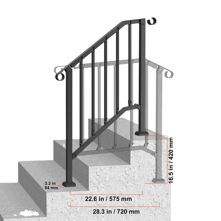 Balustrada scari, otel carbon, negru, 2-3 trepte, rezistenta